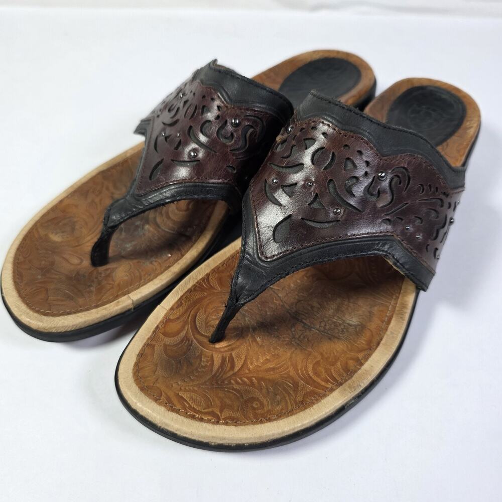 Ariat Womens Sandals Thong Flip Flop Size 9B Brown Leather Embossed Slip On - Picture 4 of 12
